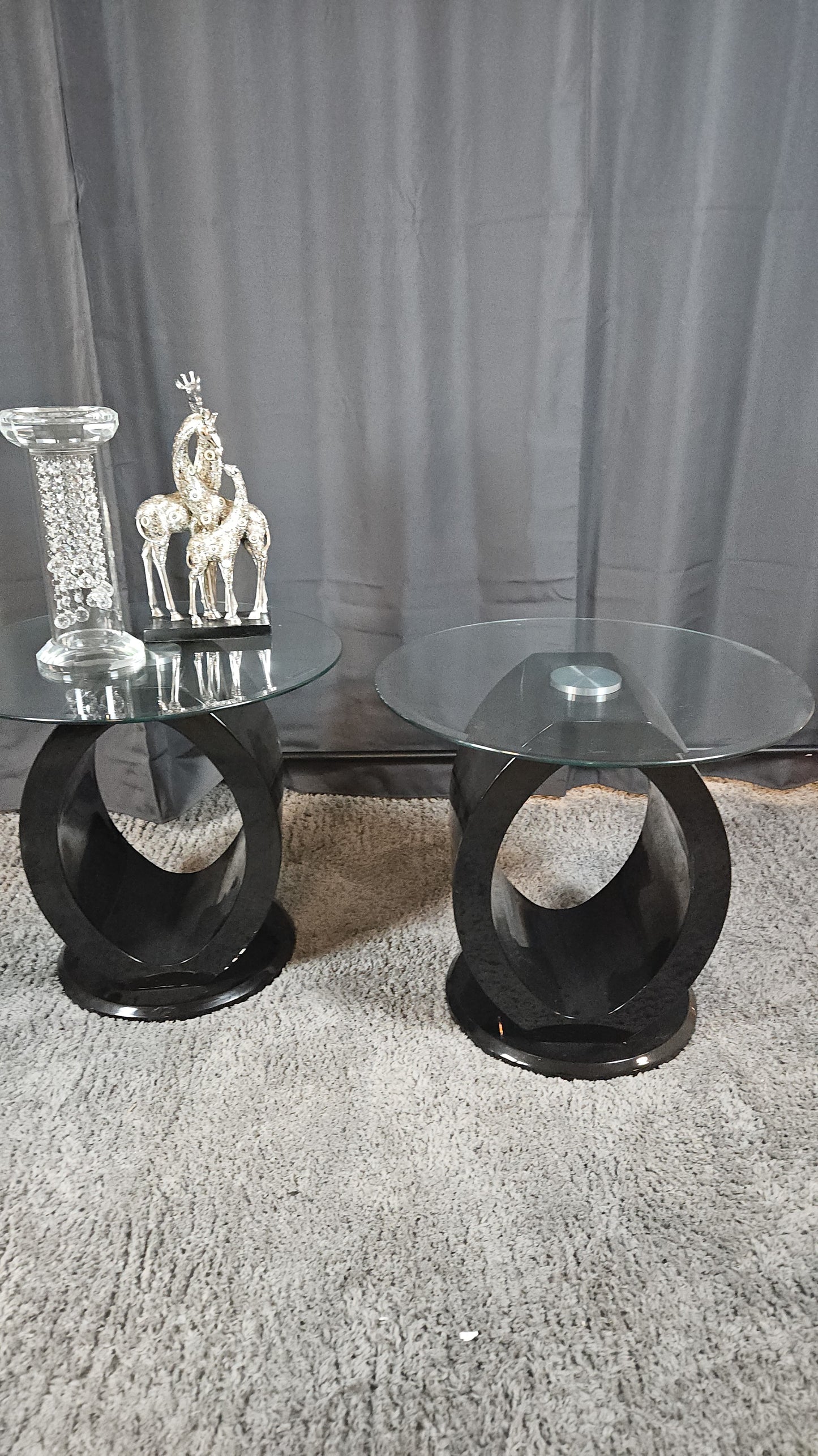 Glass Top End Tables with Circular Black bases